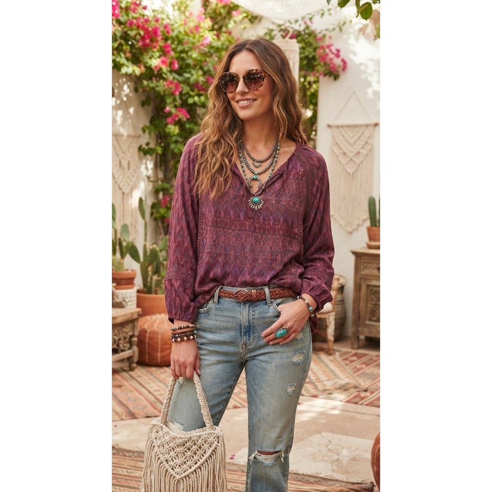 Prana Womens Burgundy Ikat Chevron Crochet Lace Trim Boho Peasant Blouse Large